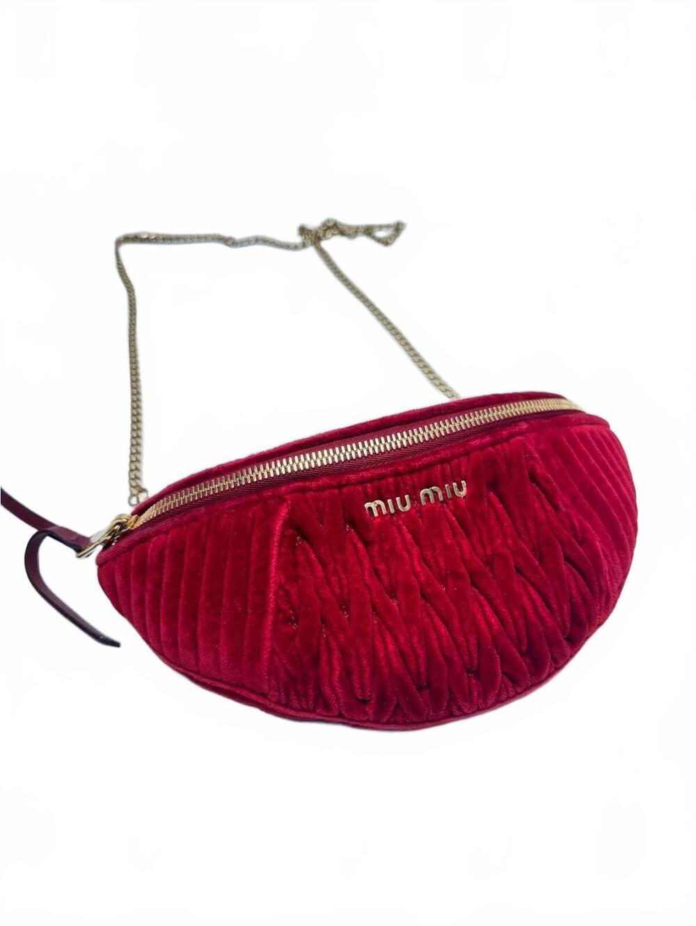 Miu Miu Red Velvet Matelasse Convertible Belt Bag Crossbody Chain Missing Belt